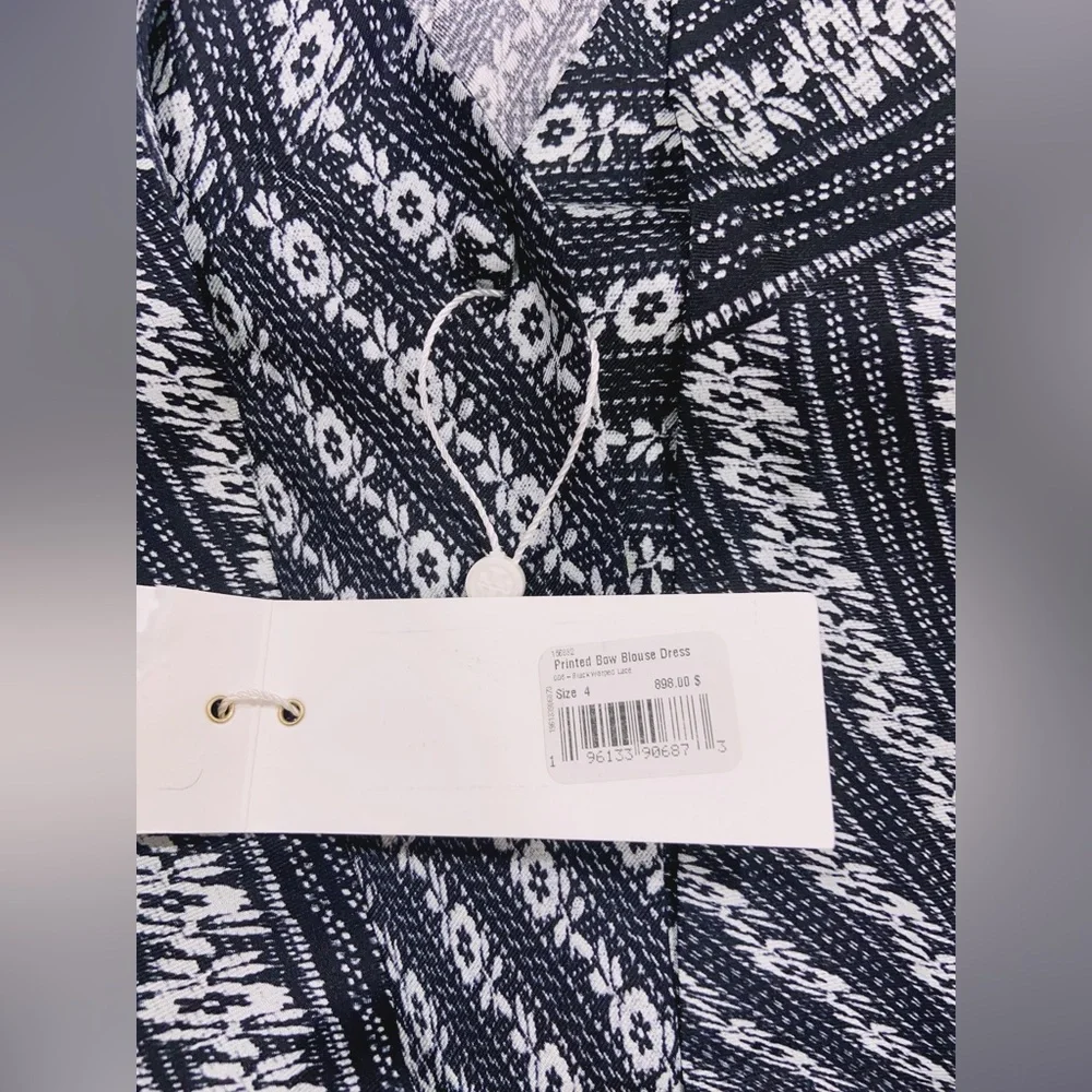 NWT $898 Tory Burch Printed Bow Blouse Dress In Black Warped Lace